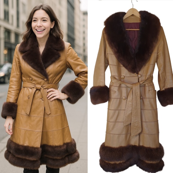Vintage 70s Tan Leather Belted Coat Brown Faux Fur Trim | Boho Glam Statement - Picture 1 of 16
